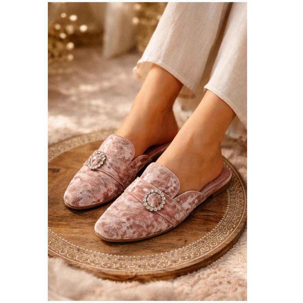 Nature Breeze Pink Velvet Jeweled Mules
